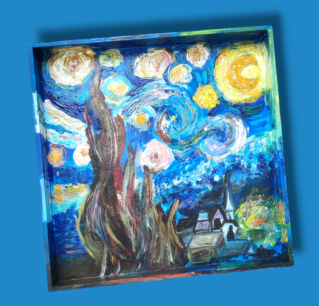 Starry seder plate — colorful hand-painted 12-inch hardwood plate with glass bowls | Judaica Square Lakewood (view 2)