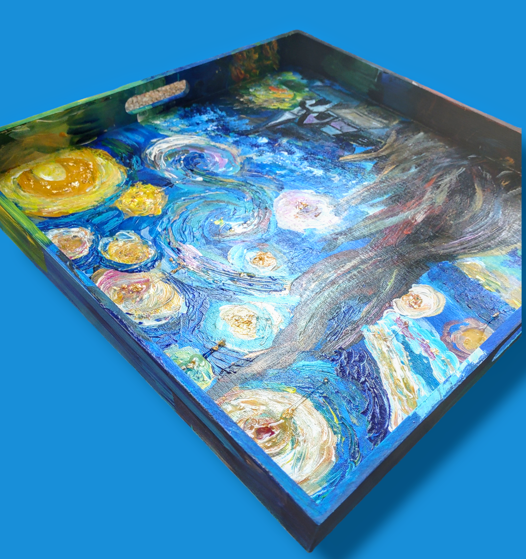 Starry seder plate — colorful hand-painted 12-inch hardwood plate with glass bowls | Judaica Square Lakewood (view 3)