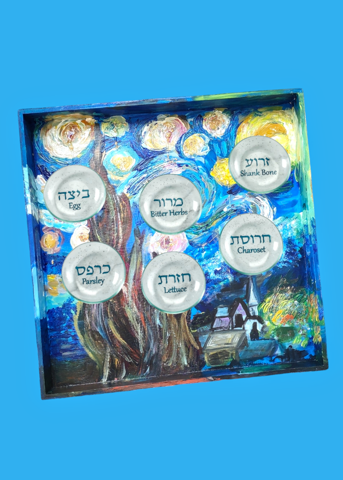 Starry seder plate — colorful hand-painted 12-inch hardwood plate with glass bowls | Judaica Square Lakewood