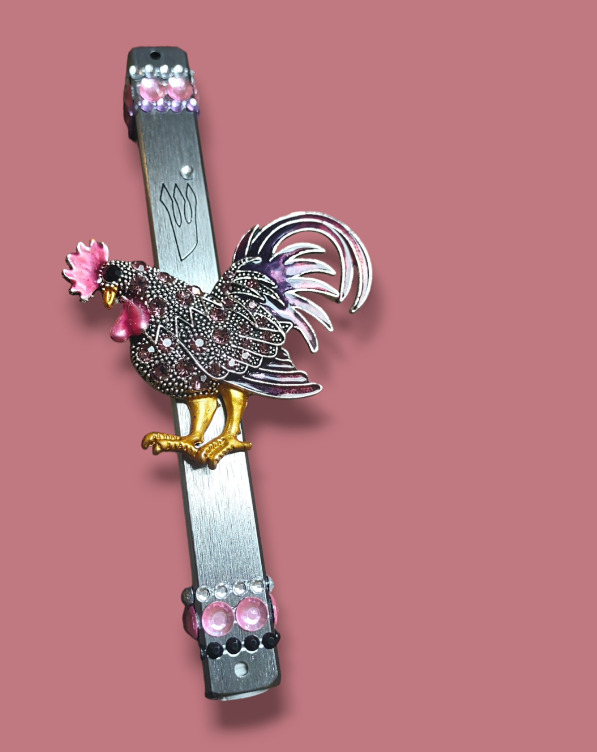 Jeweled rooster mezuzah case — silver case with enamel rooster pin and rhinestones | Judaica Square Lakewood (view 2)