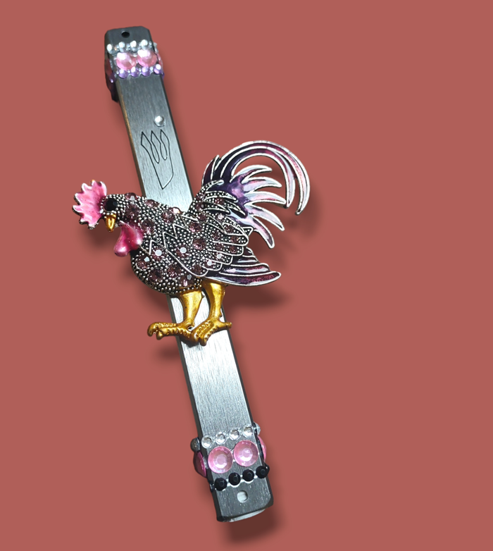 Jeweled rooster mezuzah case — silver case with enamel rooster pin and rhinestones | Judaica Square Lakewood