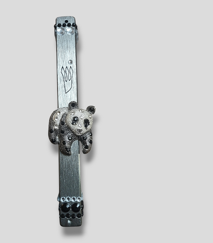Jeweled panda bear mezuzah case — silver case with enamel panda and rhinestones | Judaica Square Lakewood