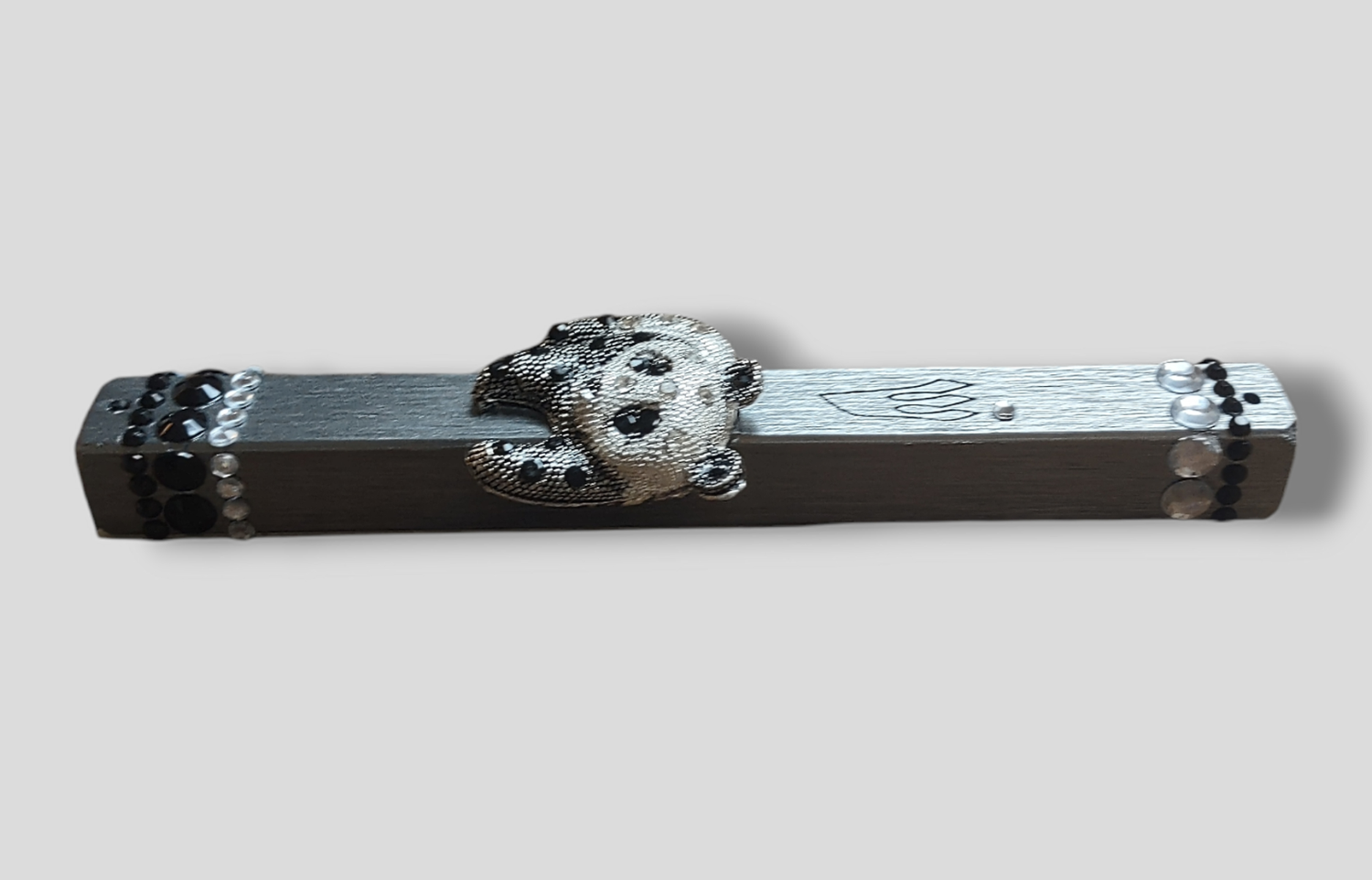 Jeweled panda bear mezuzah case — silver case with enamel panda and rhinestones | Judaica Square Lakewood (view 2)