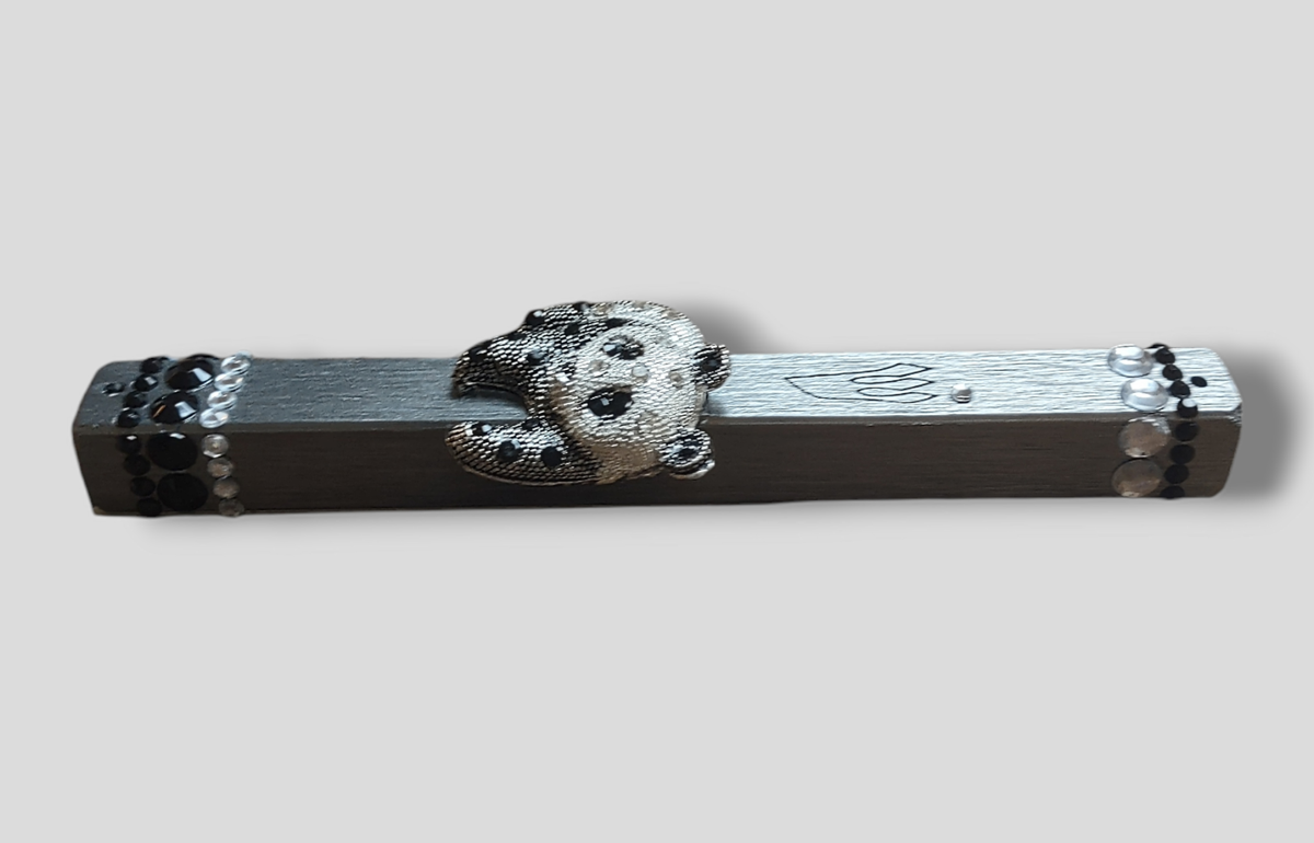 Jeweled panda bear mezuzah case — silver case with enamel panda and rhinestones | Judaica Square Lakewood (view 2)