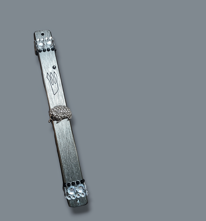 Hedgehog mezuzah case — silver aluminum case with jeweled enamel hedgehog pin | Judaica Square Lakewood
