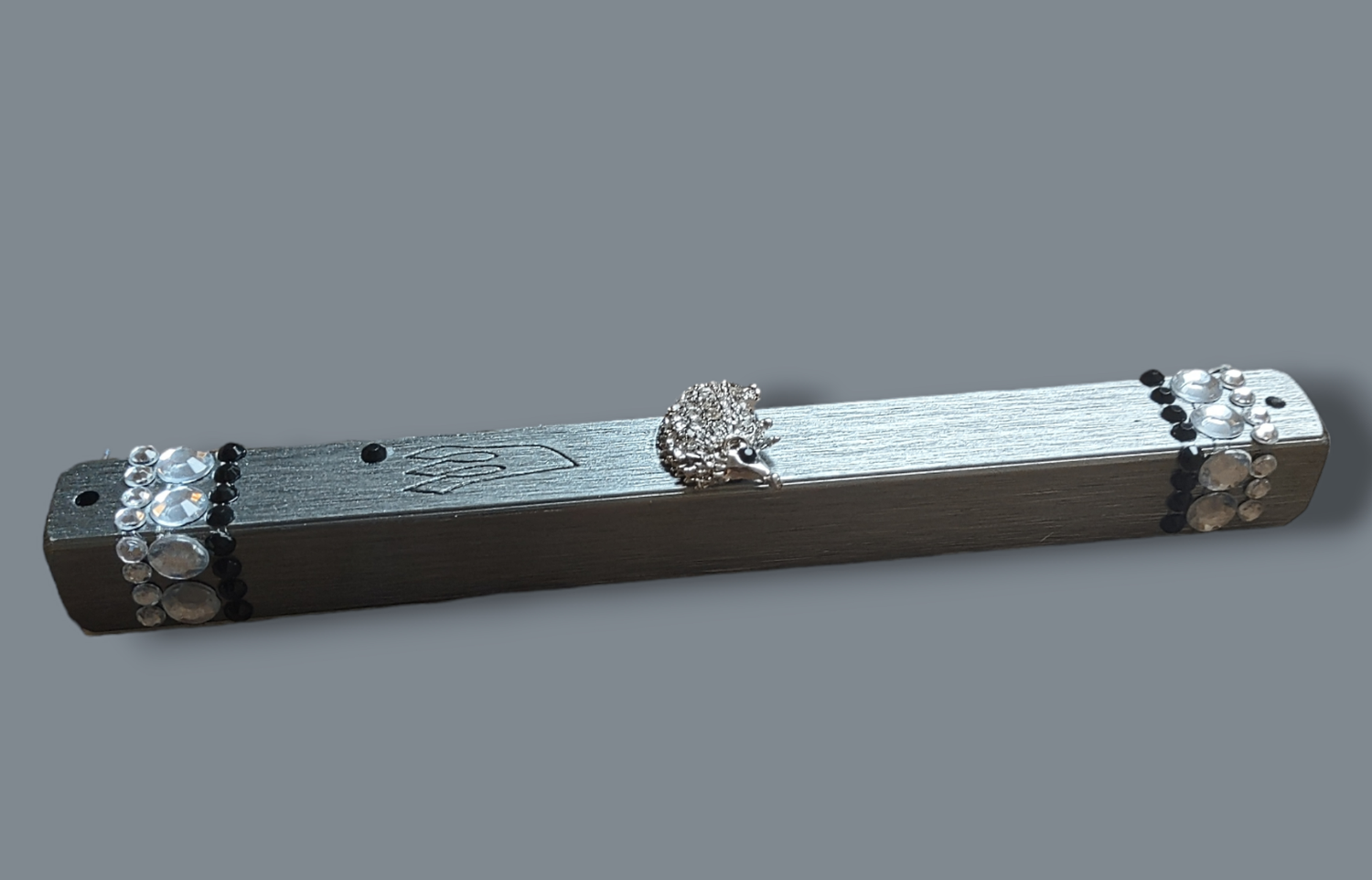 Hedgehog mezuzah case — silver aluminum case with jeweled enamel hedgehog pin | Judaica Square Lakewood (view 2)