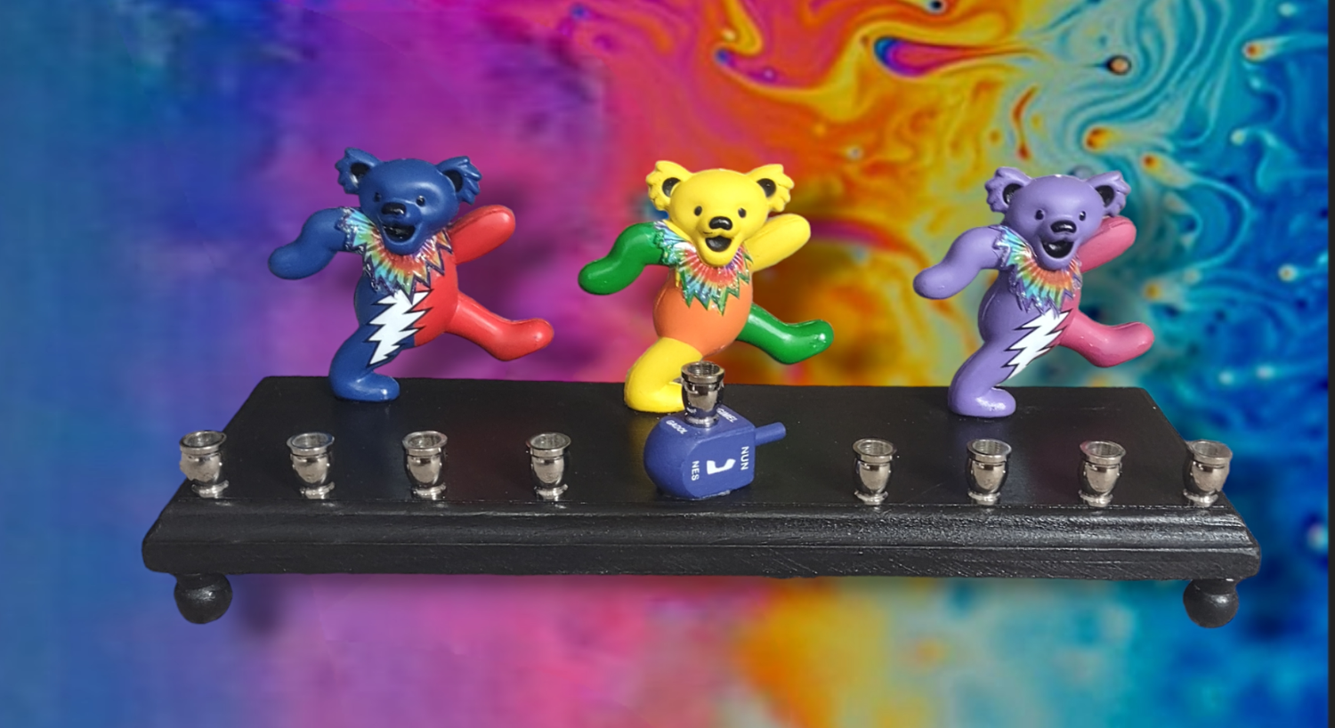 Dancing Bears Menorah — three Grateful Dead bear figures with nickel cups | Judaica Square Lakewood (view 3)