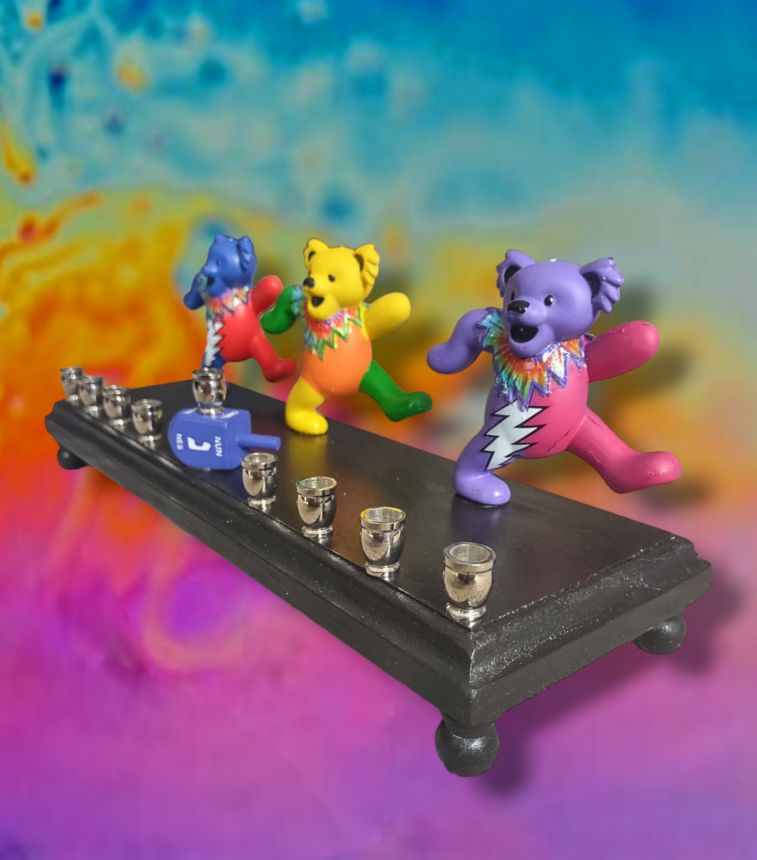 Dancing Bears Menorah — three Grateful Dead bear figures with nickel cups | Judaica Square Lakewood (view 4)