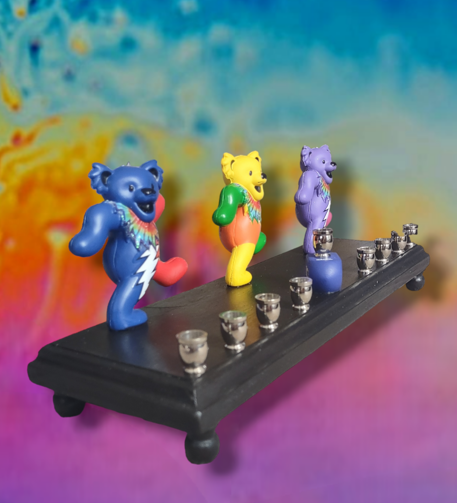 Dancing Bears Menorah — three Grateful Dead bear figures with nickel cups | Judaica Square Lakewood (view 5)