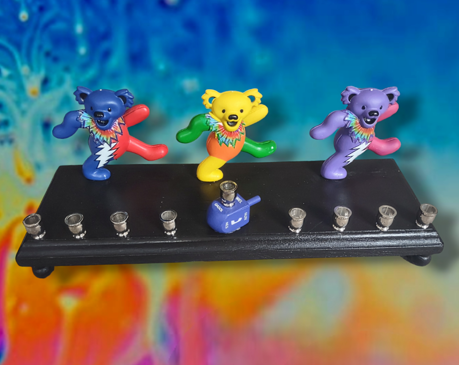 Dancing Bears Menorah — three Grateful Dead bear figures with nickel cups | Judaica Square Lakewood (view 2)