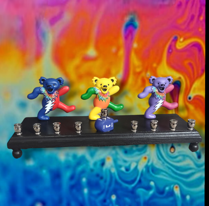 Dancing Bears Menorah — three Grateful Dead bear figures with nickel cups | Judaica Square Lakewood