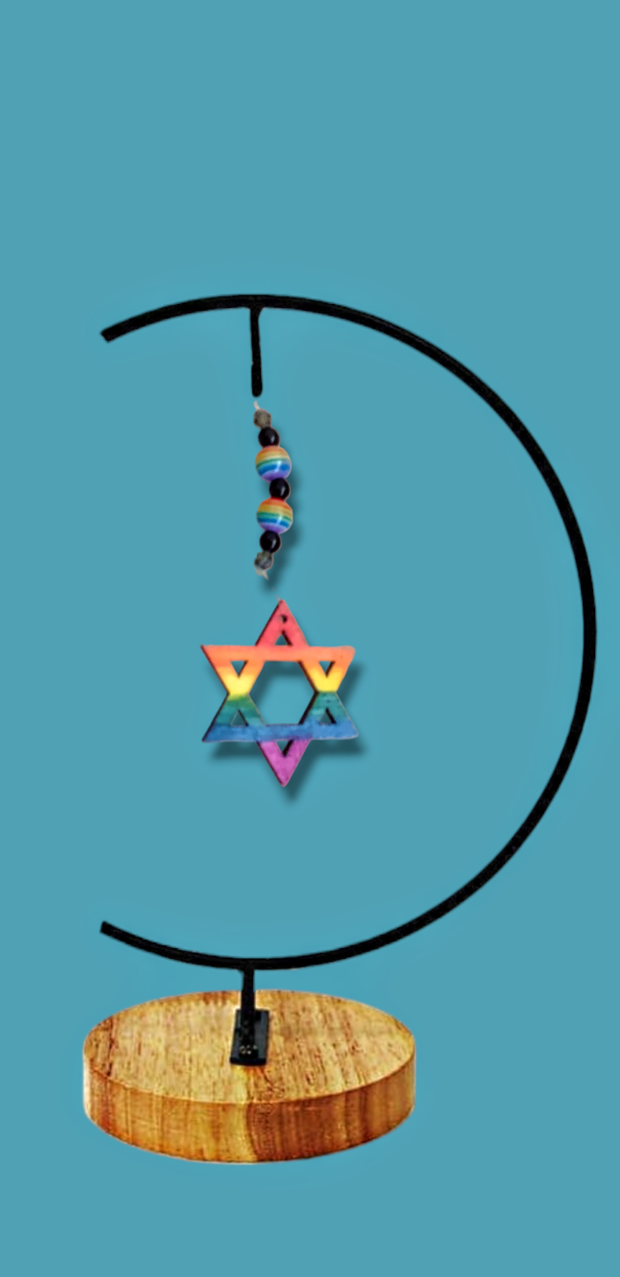 Stained wood hamsa and Star of David ornaments with dangling beads | Judaica Square Lakewood (view 3)