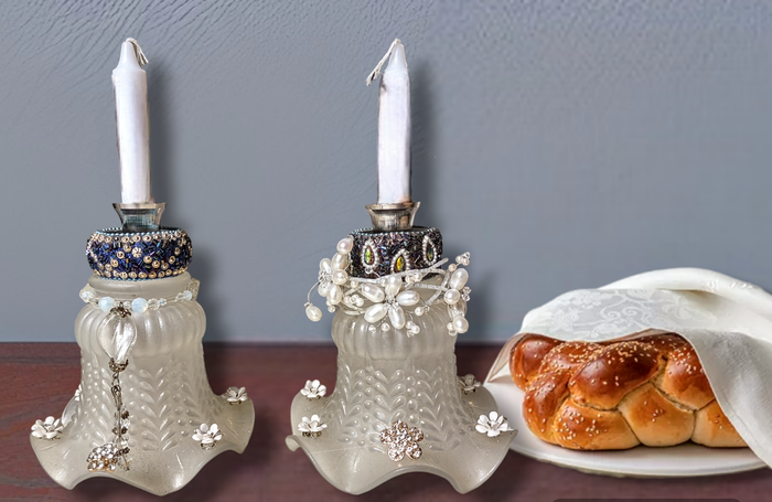 Upcycled glass lamp shade Shabbat candlesticks — vintage shades trimmed with costume jewelry | Judaica Square Lakewood