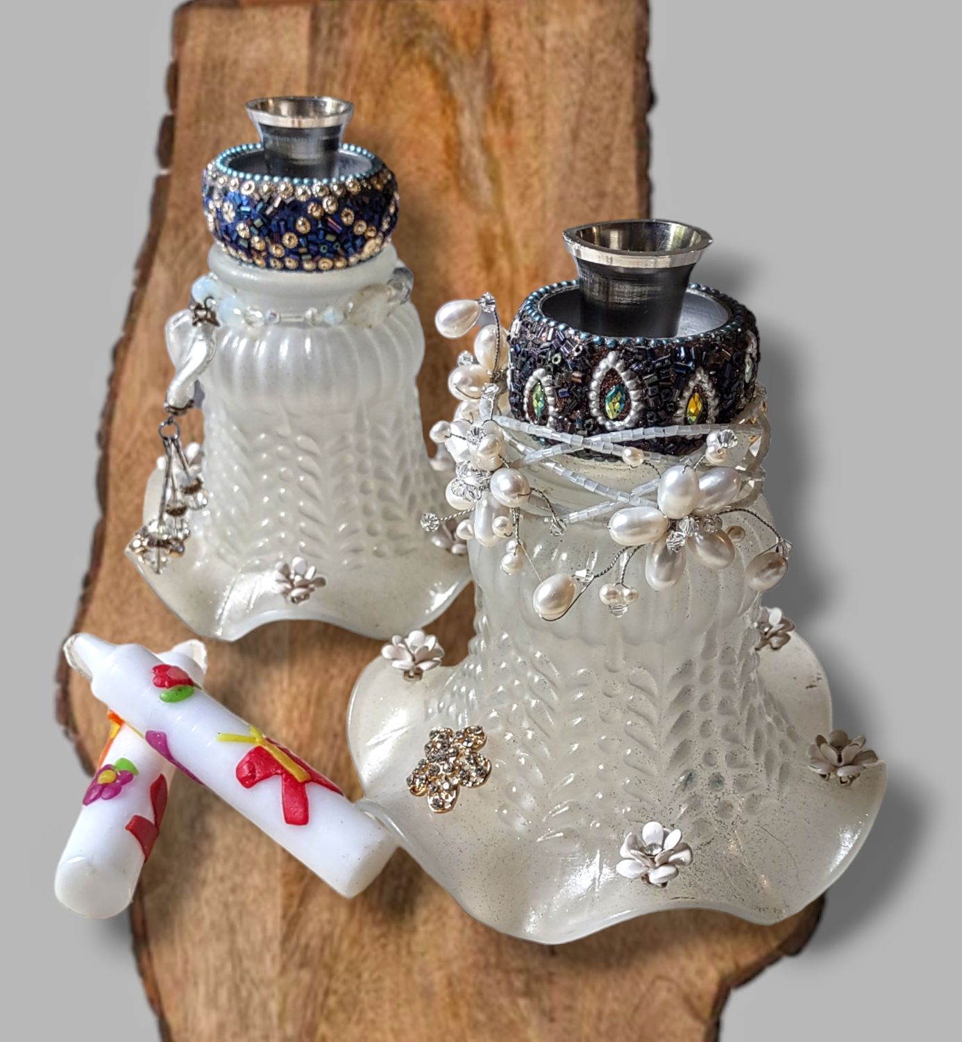 Upcycled glass lamp shade Shabbat candlesticks — vintage shades trimmed with costume jewelry | Judaica Square Lakewo (view 2)