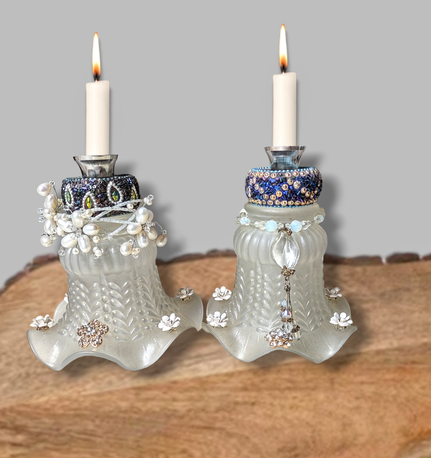 Upcycled glass lamp shade Shabbat candlesticks — vintage shades trimmed with costume jewelry | Judaica Square Lakewo (view 3)