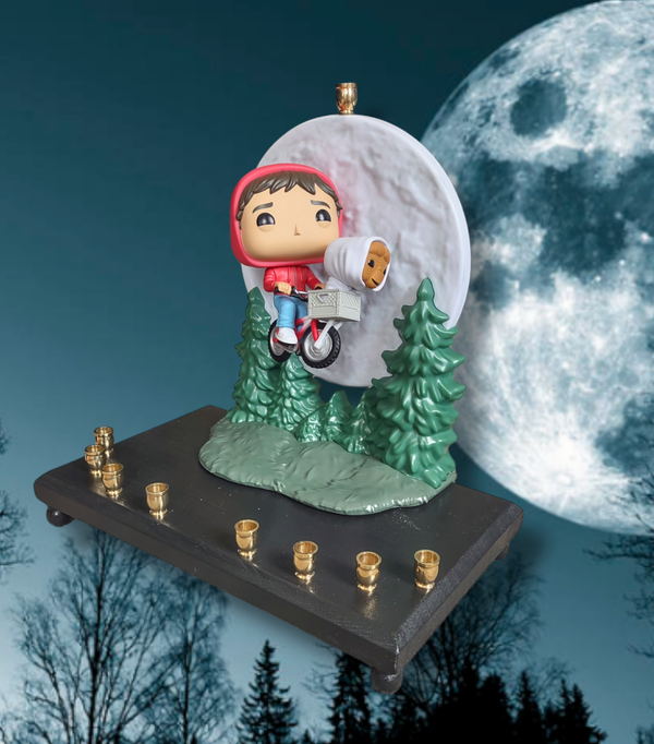 E.T. bike over the moon menorah — collectible flight scene above the treeline | Judaica Square Lakewood