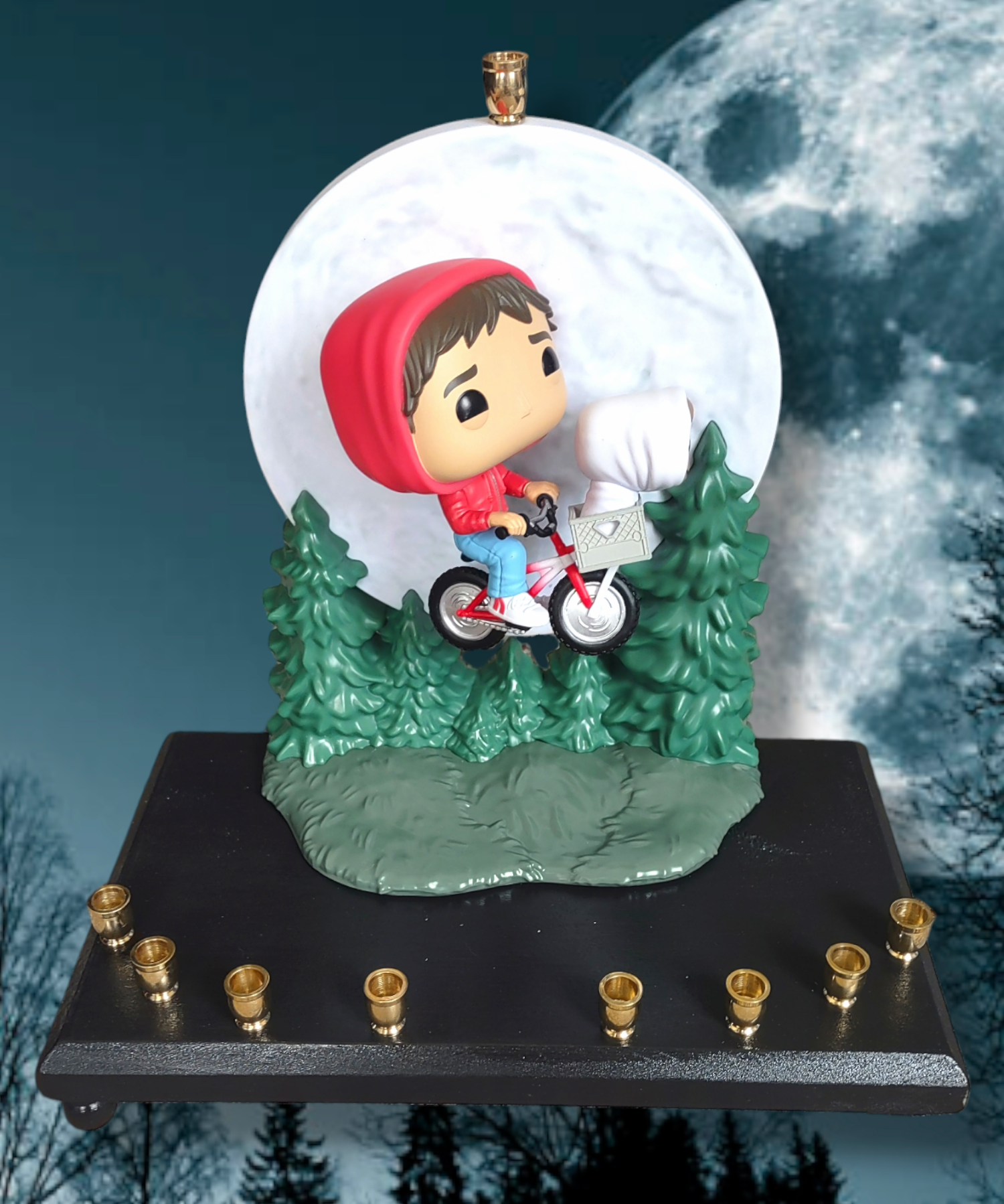 E.T. bike over the moon menorah — collectible flight scene above the treeline | Judaica Square Lakewood (view 5)