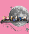E.T. dress up menorah — six costumed E.T. toy figures along a painted plaque | Judaica Square Lakewood