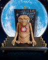 Giant E.T. Menorah — large alien figure above brass candle cups on wood | Judaica Square Lakewood