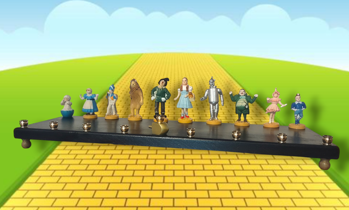 Large Wizard of Oz menorah — 20-inch wood plaque lined with repurposed Oz figures | Judaica Square Lakewood