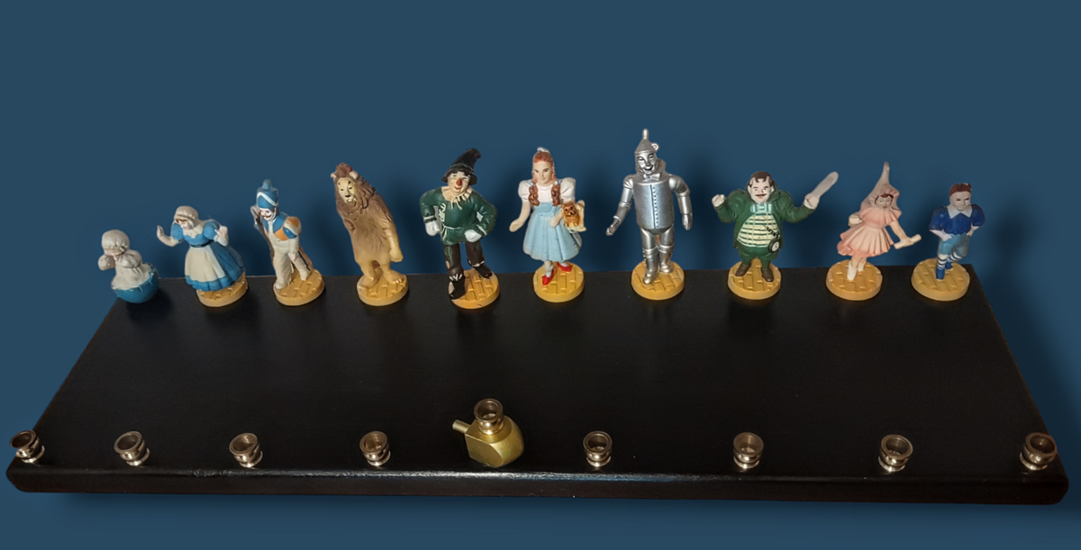 Large Wizard of Oz menorah — 20-inch wood plaque lined with repurposed Oz figures | Judaica Square Lakewood (view 2)