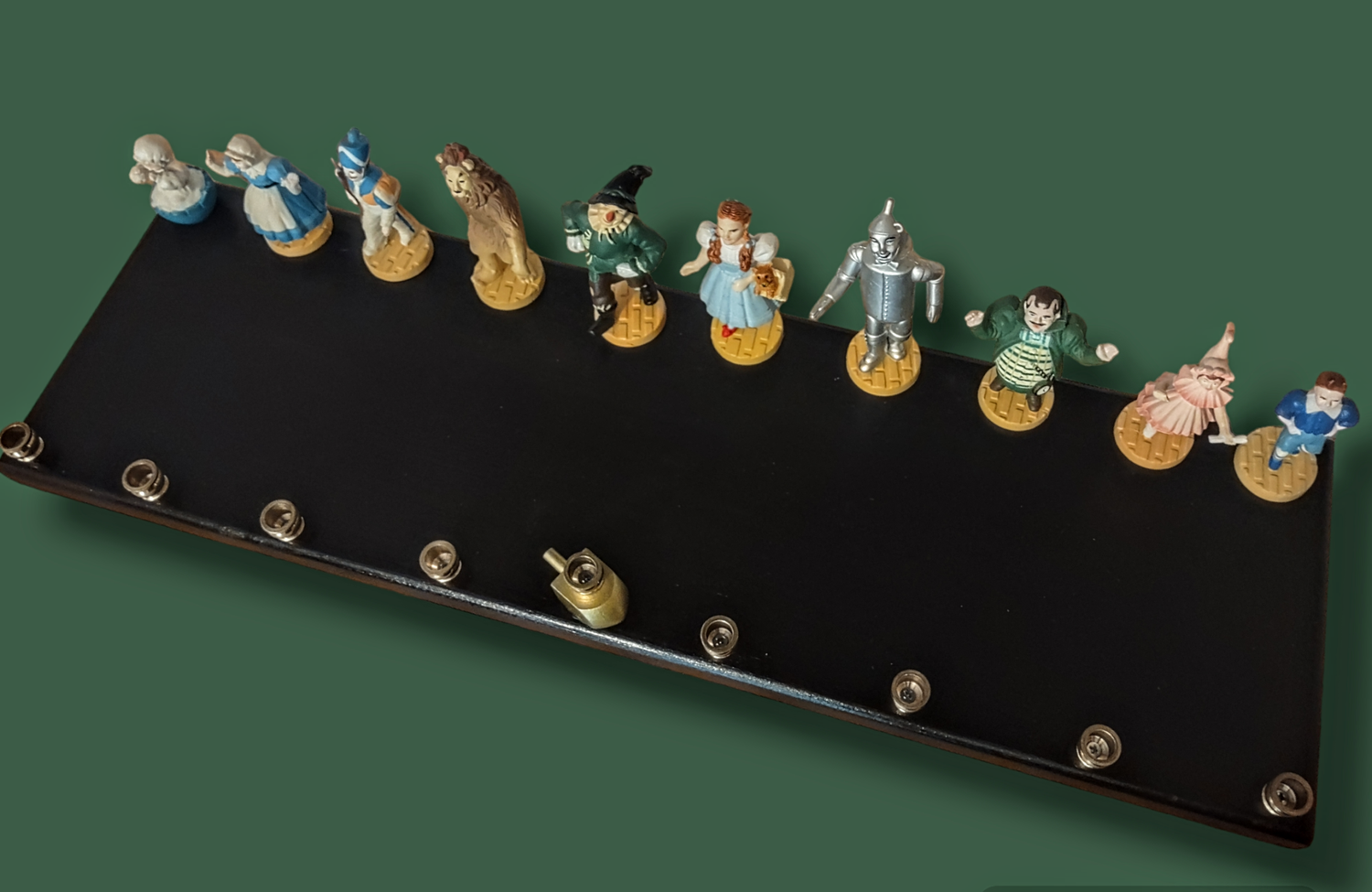 Large Wizard of Oz menorah — 20-inch wood plaque lined with repurposed Oz figures | Judaica Square Lakewood (view 3)