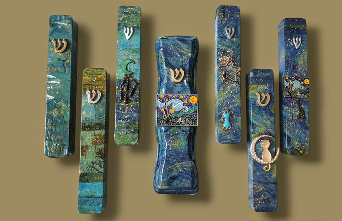 Van Gogh inspired mezuzah — starry washi tape and glitter on wood | Judaica Square Lakewood