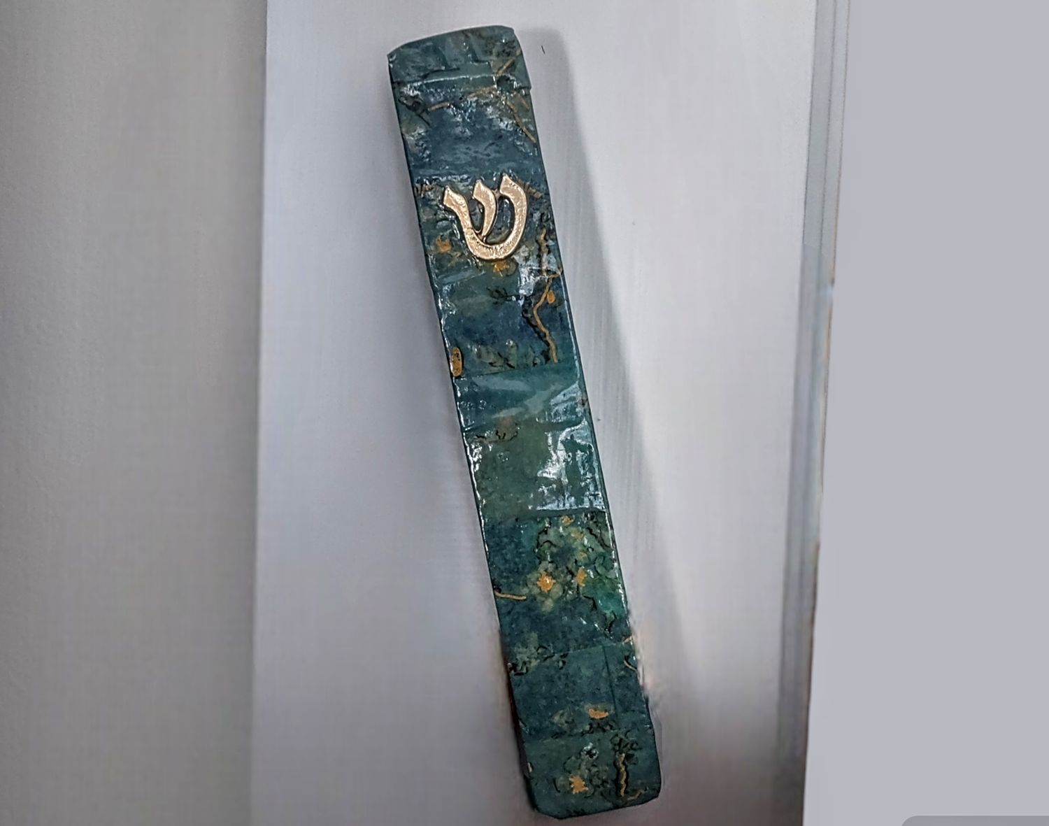 Van Gogh inspired mezuzah — starry washi tape and glitter on wood | Judaica Square Lakewood (view 2)