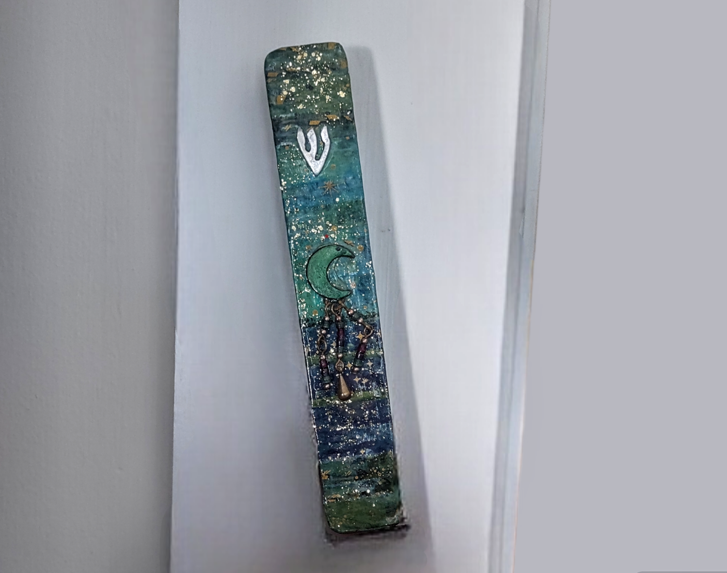 Van Gogh inspired mezuzah — starry washi tape and glitter on wood | Judaica Square Lakewood (view 3)
