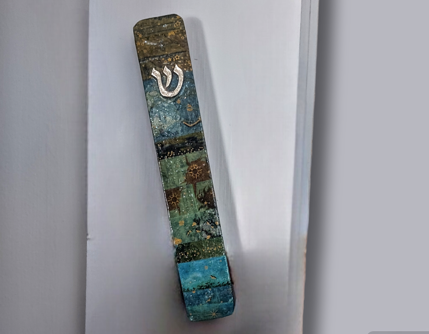Van Gogh inspired mezuzah — starry washi tape and glitter on wood | Judaica Square Lakewood (view 4)