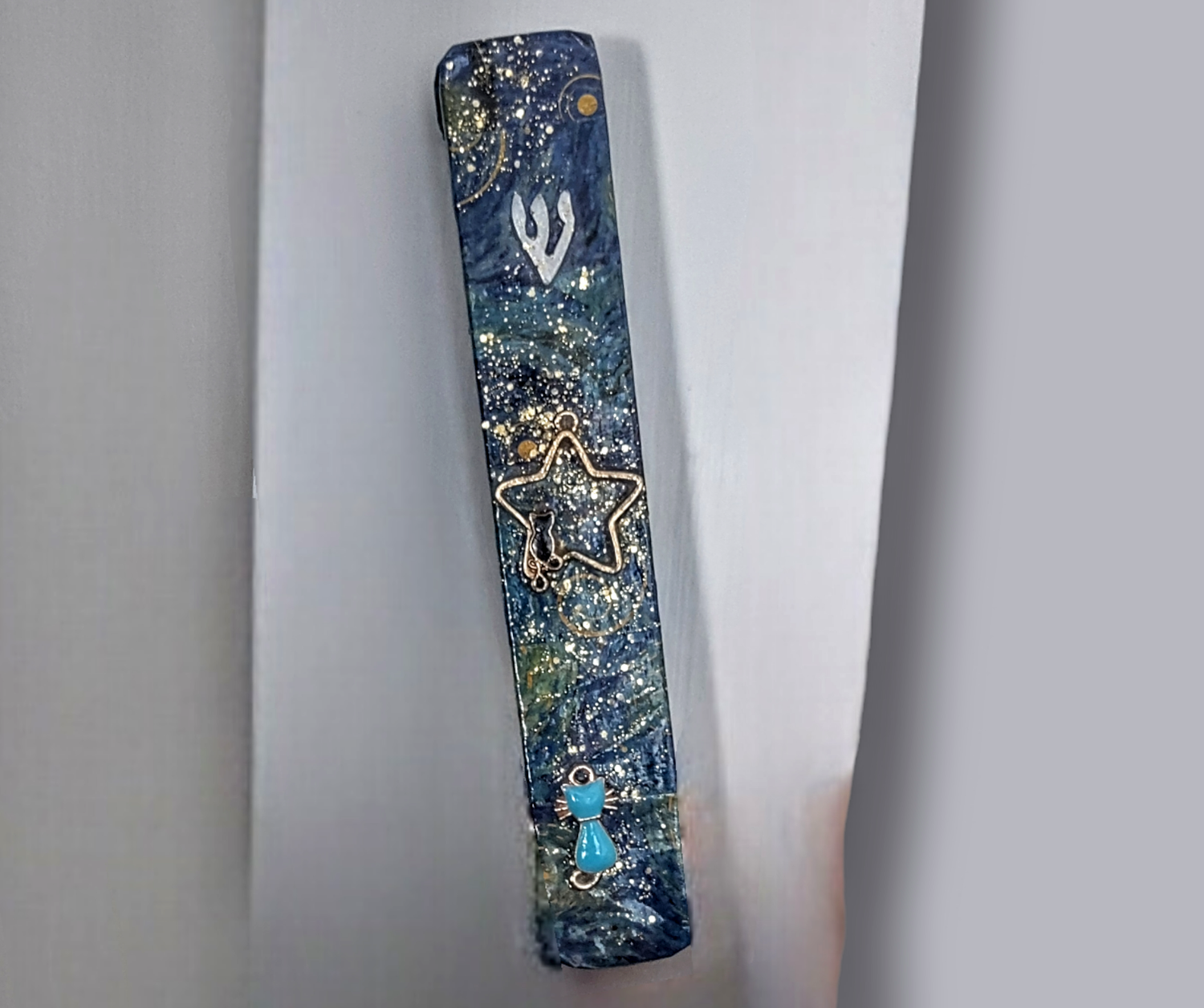 Van Gogh inspired mezuzah — starry washi tape and glitter on wood | Judaica Square Lakewood (view 5)