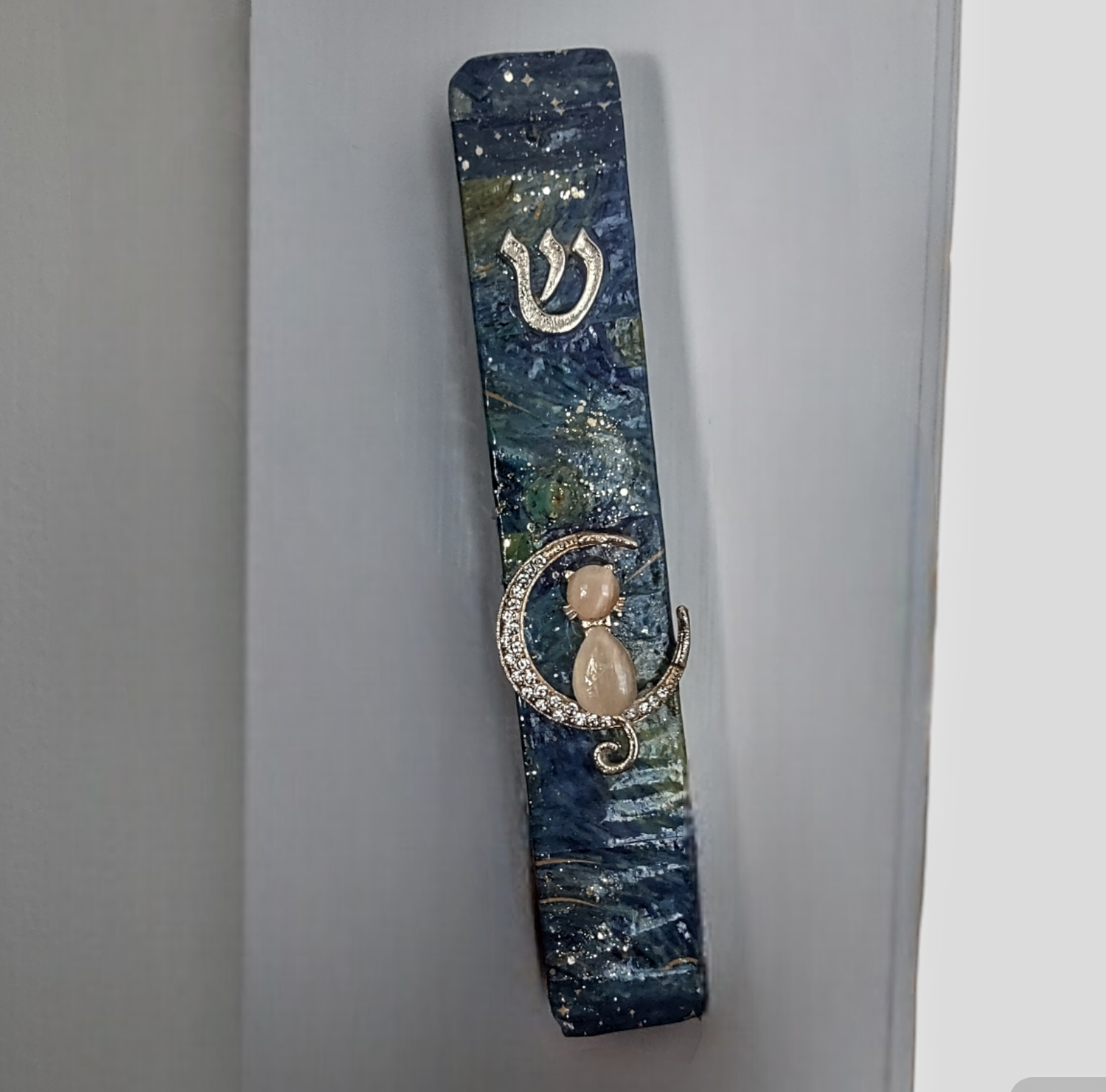 Van Gogh inspired mezuzah — starry washi tape and glitter on wood | Judaica Square Lakewood (view 6)