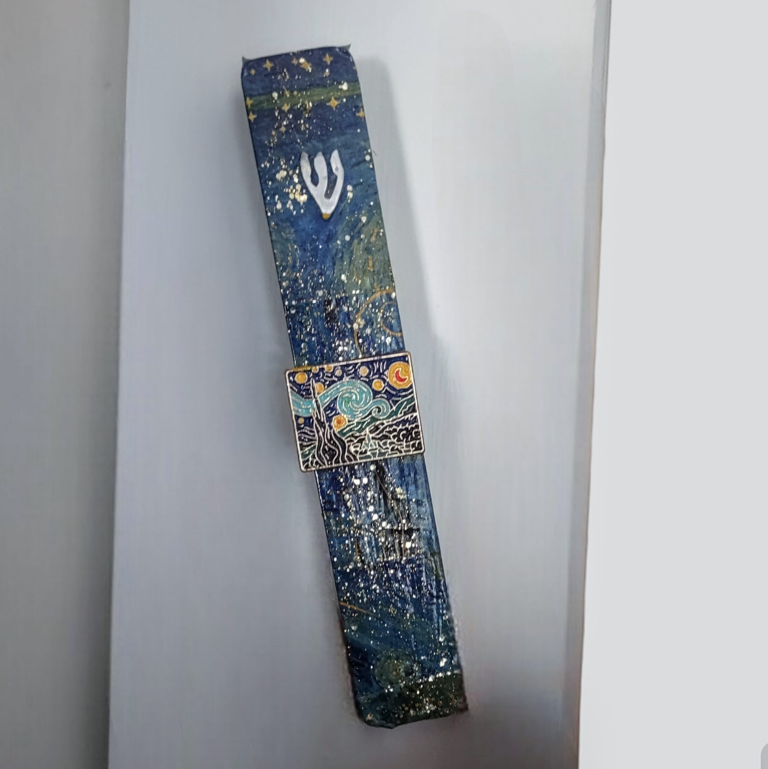 Van Gogh inspired mezuzah — starry washi tape and glitter on wood | Judaica Square Lakewood (view 7)