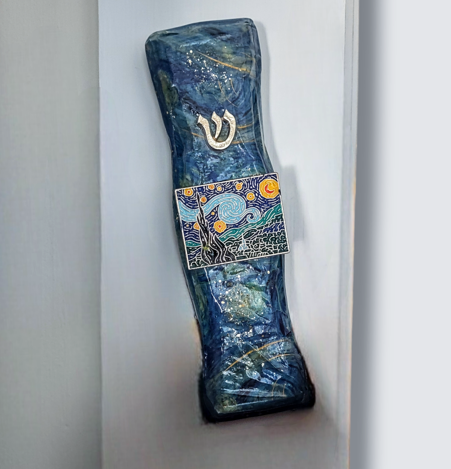 Van Gogh inspired mezuzah — starry washi tape and glitter on wood | Judaica Square Lakewood (view 8)