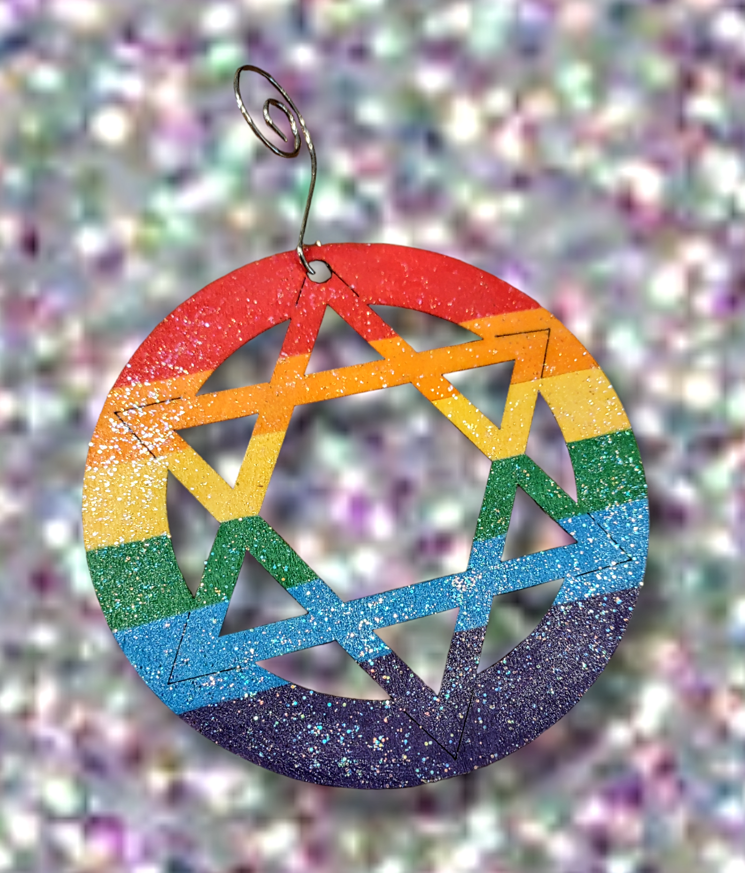 Wooden rainbow star — four-inch glitter-sealed hand-painted ornament | Judaica Square Lakewood (view 5)