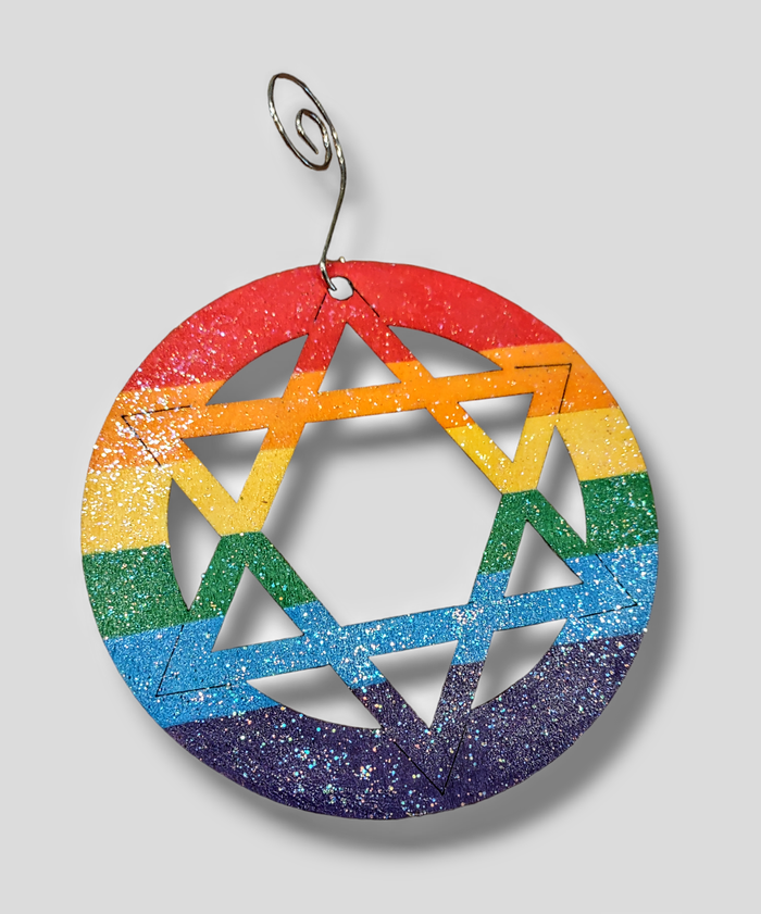 Wooden rainbow star — four-inch glitter-sealed hand-painted ornament | Judaica Square Lakewood