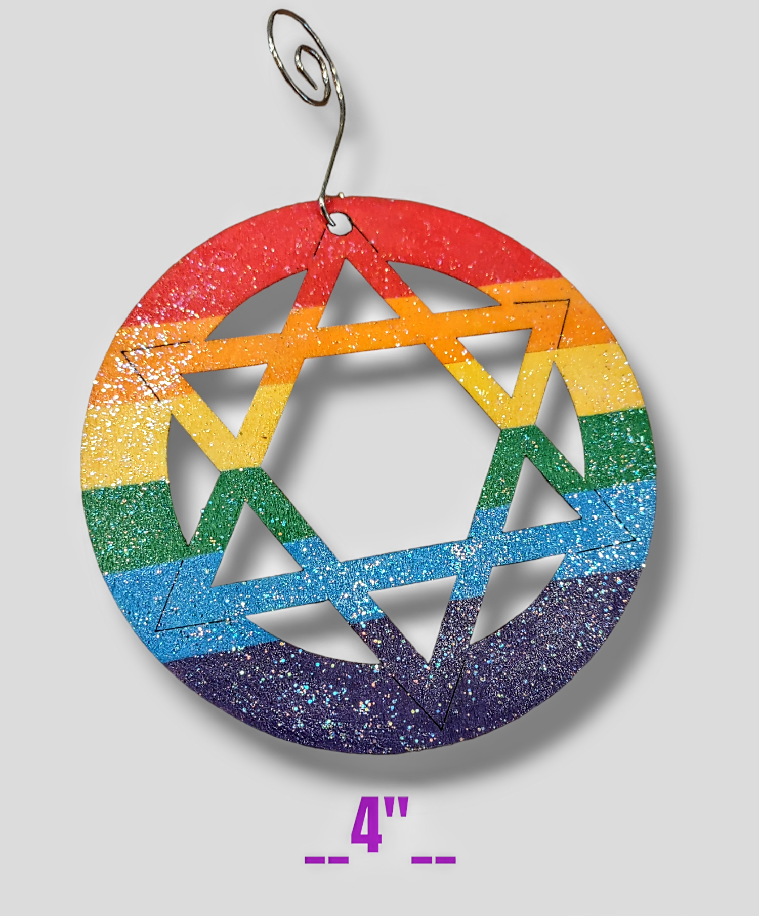 Wooden rainbow star — four-inch glitter-sealed hand-painted ornament | Judaica Square Lakewood (view 4)