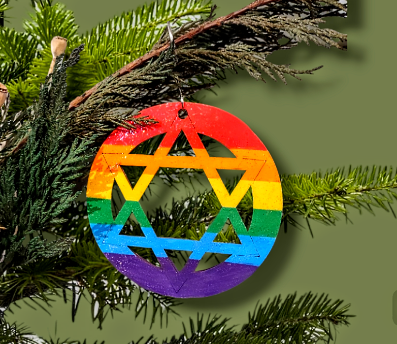 Wooden rainbow star — four-inch glitter-sealed hand-painted ornament | Judaica Square Lakewood (view 6)