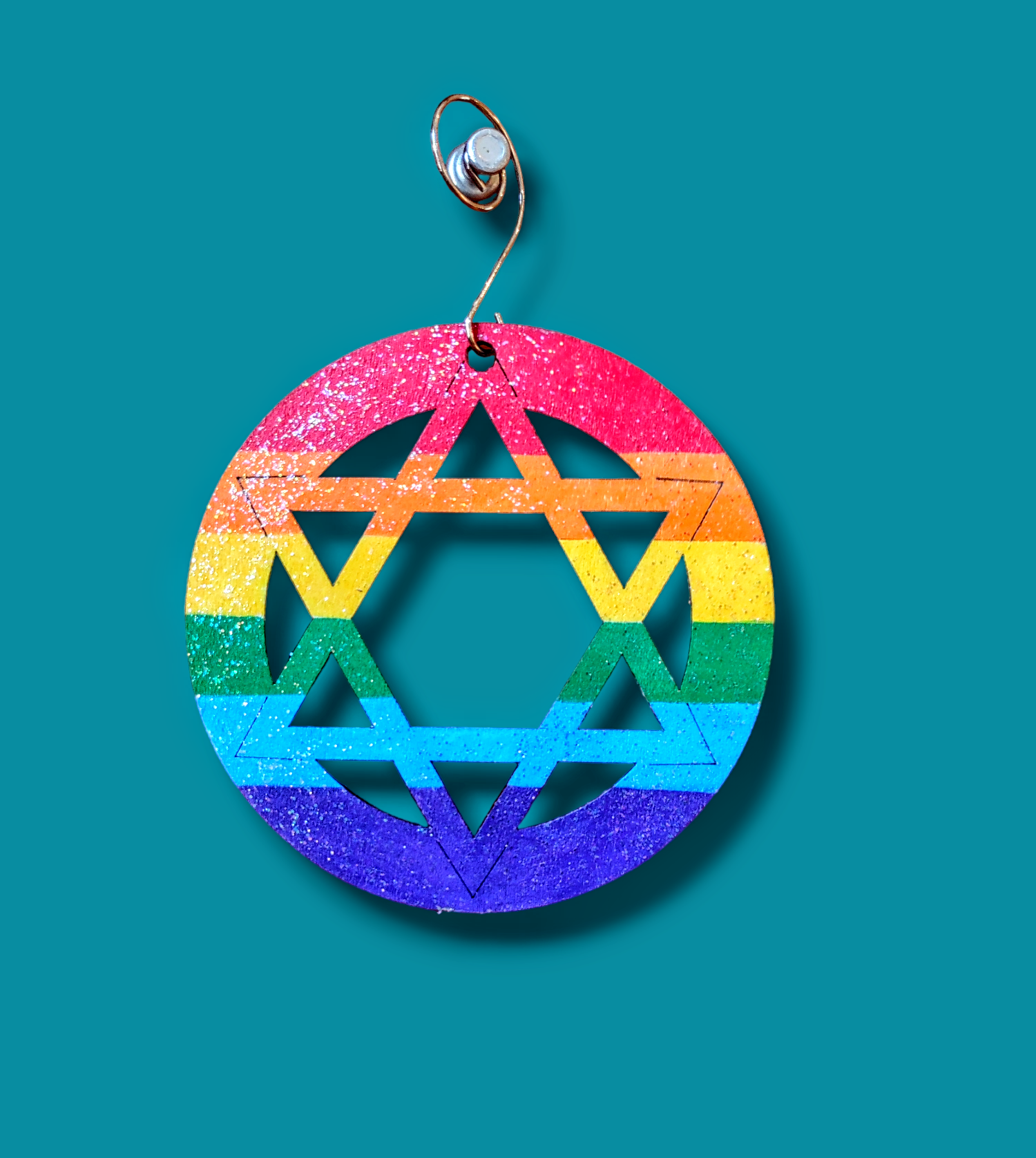 Wooden rainbow star — four-inch glitter-sealed hand-painted ornament | Judaica Square Lakewood (view 3)