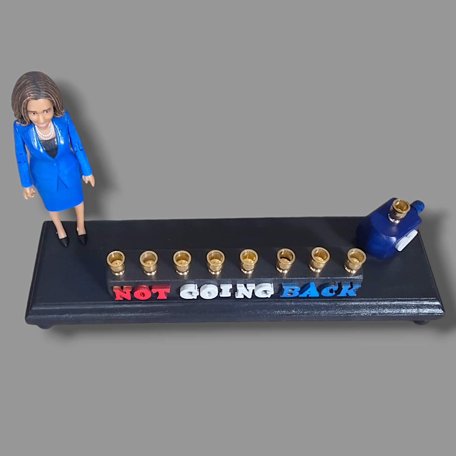 Not Going Back Menorah — Harris figure, blue dreidel and white wood heart | Judaica Square Lakewood (view 4)