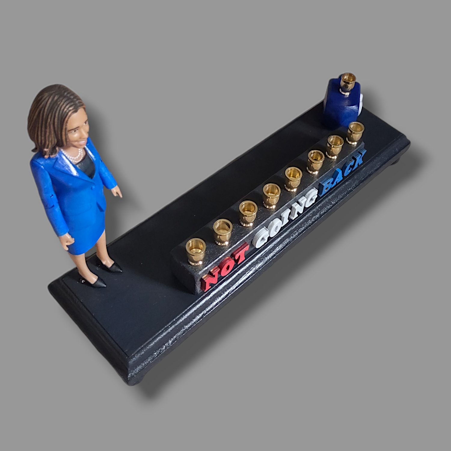 Not Going Back Menorah — Harris figure, blue dreidel and white wood heart | Judaica Square Lakewood (view 7)