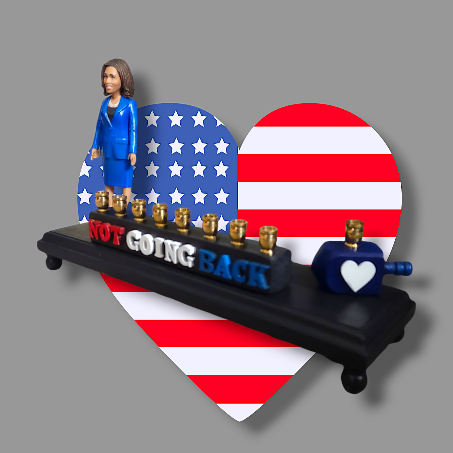 Not Going Back Menorah — Harris figure, blue dreidel and white wood heart | Judaica Square Lakewood (view 6)