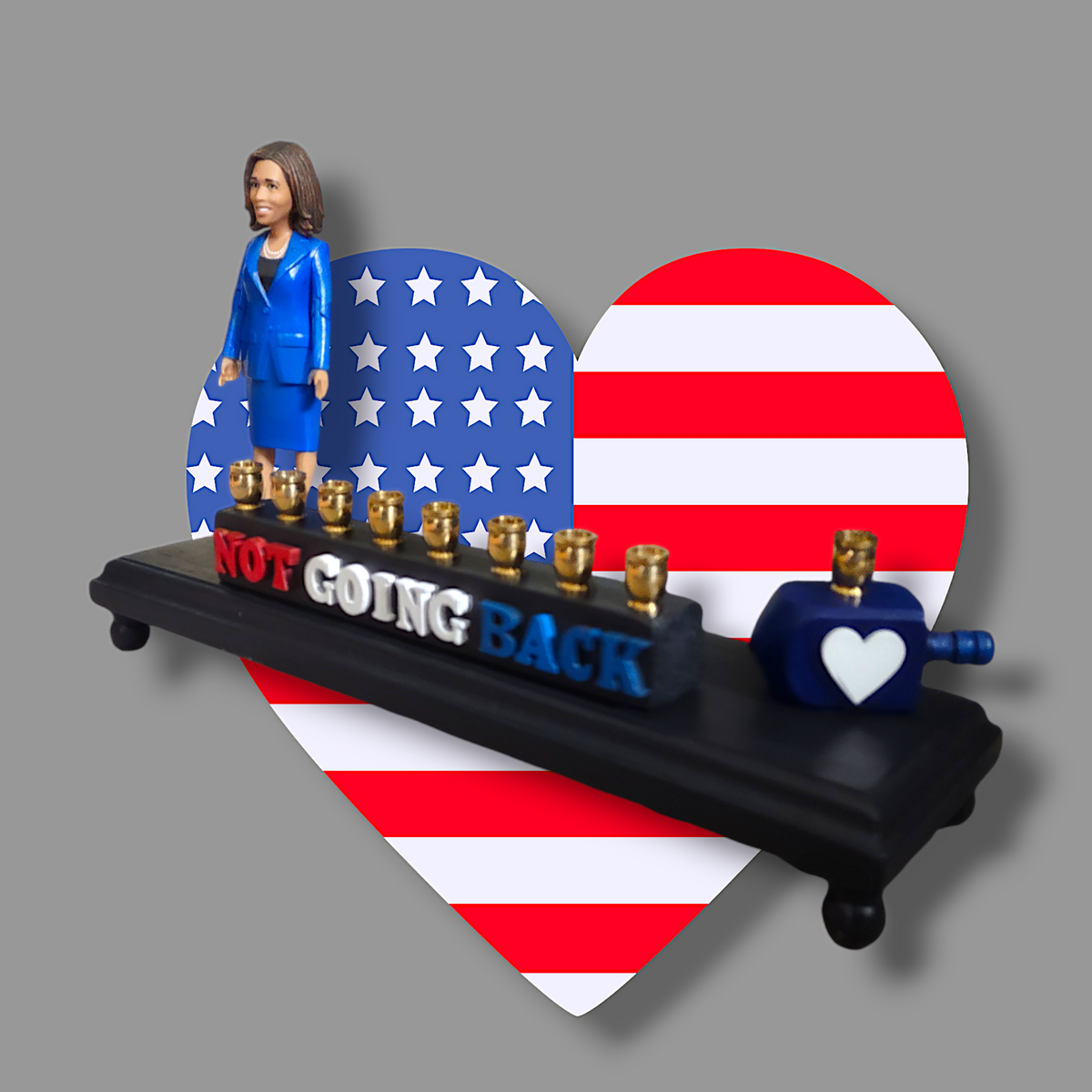 Not Going Back Menorah — Harris figure, blue dreidel and white wood heart | Judaica Square Lakewood (view 6)