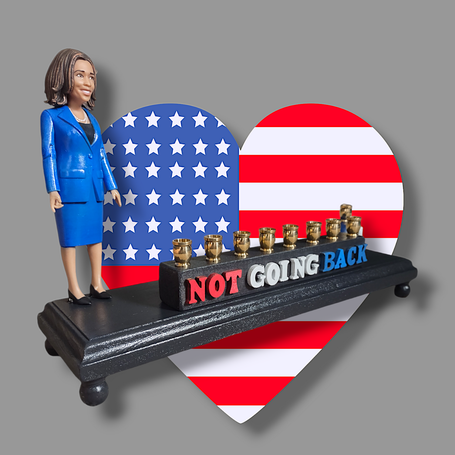 Not Going Back Menorah — Harris figure, blue dreidel and white wood heart | Judaica Square Lakewood (view 2)