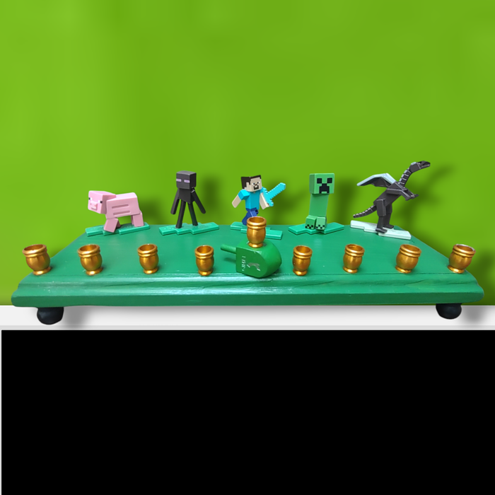 Minecraft menorah — repurposed pixel figures on hand-painted wood plaque | Judaica Square Lakewood