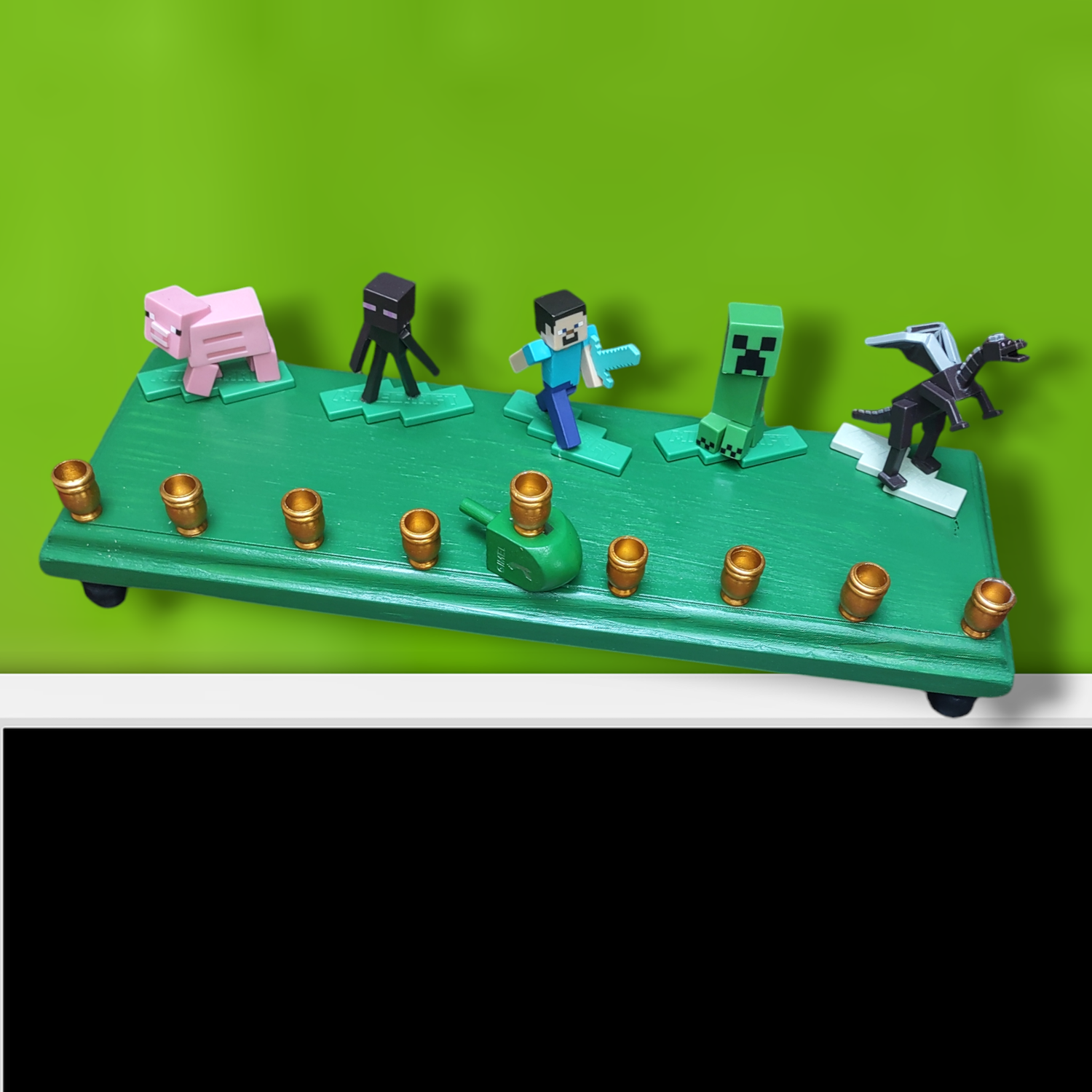 Minecraft menorah — repurposed pixel figures on hand-painted wood plaque | Judaica Square Lakewood (view 2)
