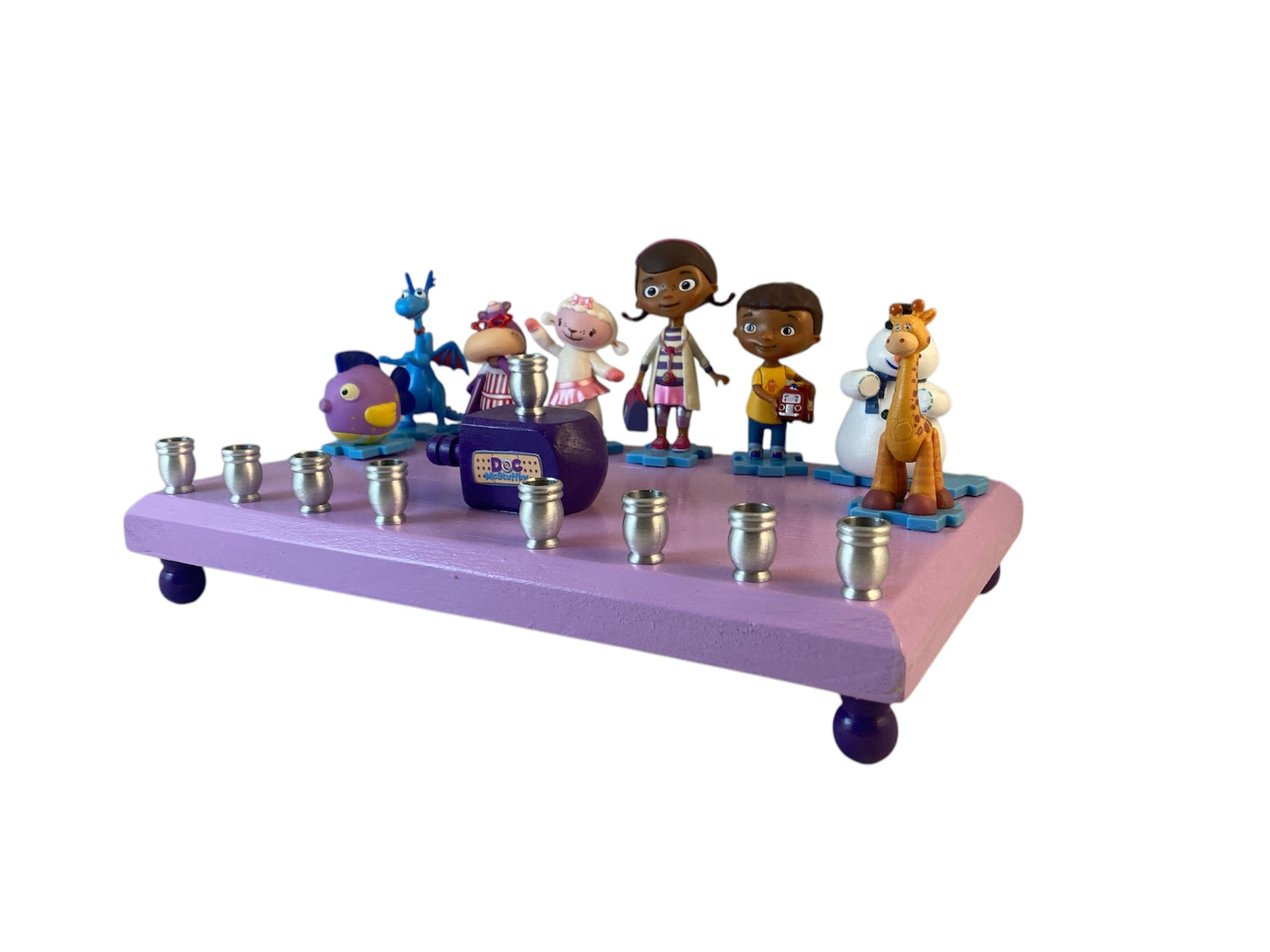 Doc McStuffins hospital menorah — licensed Disney figures, dreidel and aluminum cups | Judaica Square Lakewood (view 2)