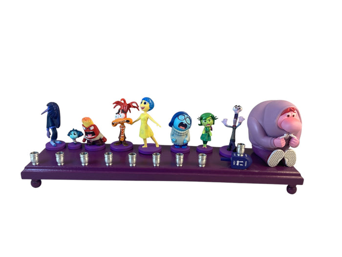 Inside Out 2 Hanukkiah — emotion characters with aluminum cups and dreidel | Judaica Square Lakewood
