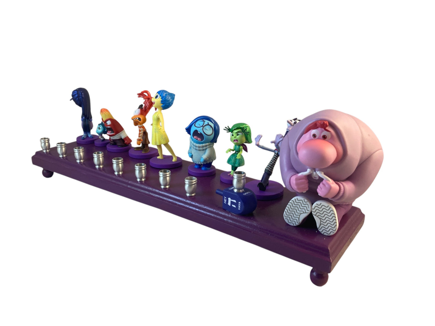 Inside Out 2 Hanukkiah — emotion characters with aluminum cups and dreidel | Judaica Square Lakewood (view 2)