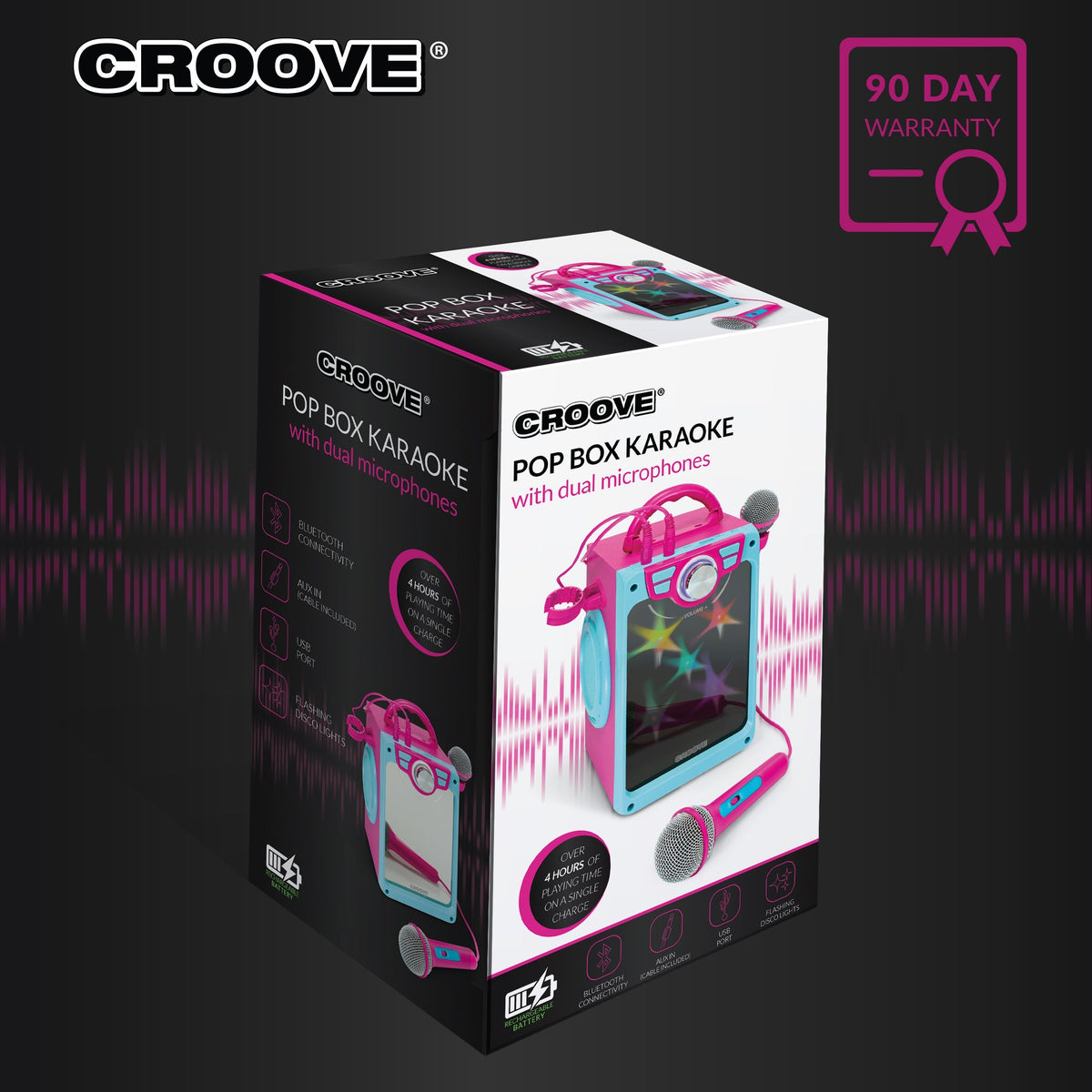 Croove Pop Box Kids Karaoke Machine, Pink - 2 Mics & Disco Lights — product view, view 2 | Judaica Square Lakewood